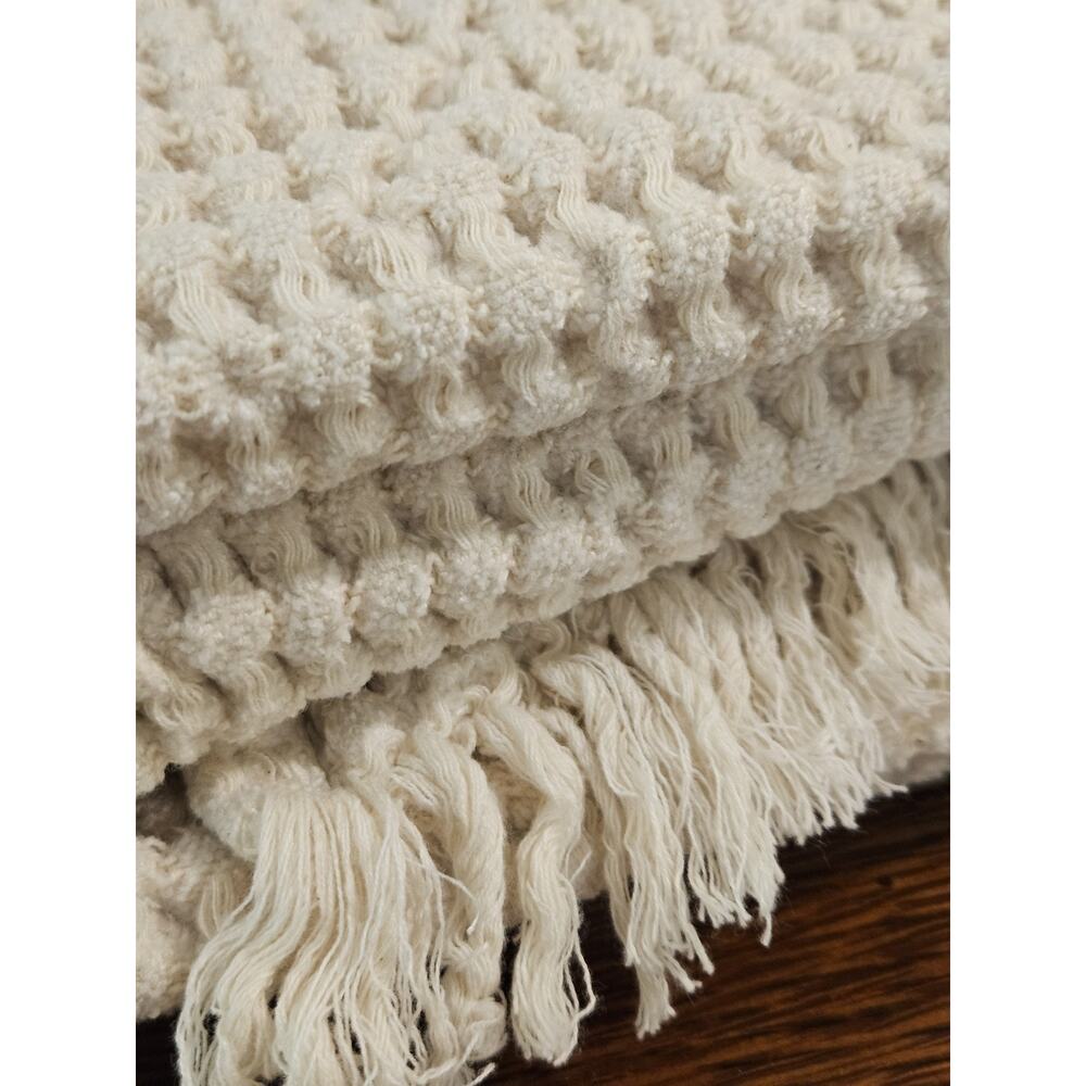 Anthropologie Tasselled Throw Blanket Cream Off White Color 44x48 Waffle Cotton - Picture 2 of 5